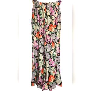 FREE PEOPLE ONE Floral Wide Leg Rayon Pants In Pink/green Multi. Size Large